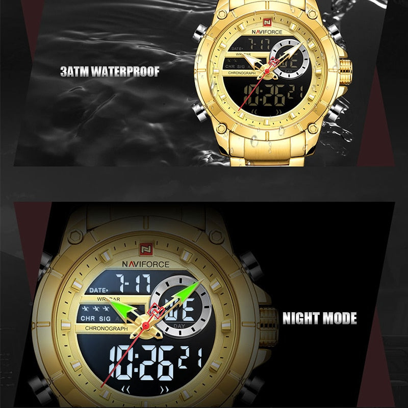 NAVIFORCE Men Military Sport Wrist Watch Gold Quartz Steel Waterproof Dual Display Male Clock Watches Relogio Masculino 9163
