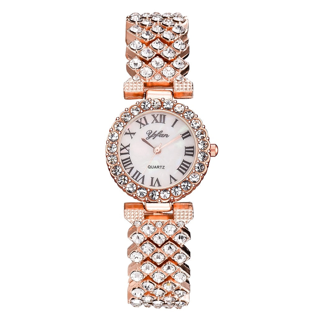 Luxury Women Rose Gold Watch Fashion Ladies Quartz Diamond Wristwatch Elegant Female Bracelet Watches 2pcs Set Reloj Mujer