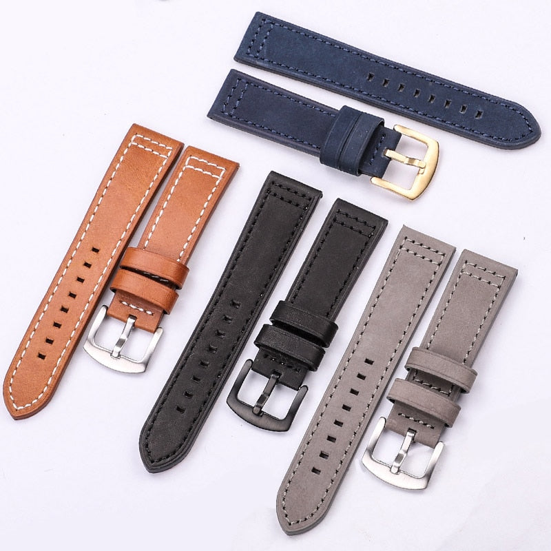 HENGRC Genuine Leather Watchbands Bracelet Black Blue Gray Brown Cowhide Watch Strap For Women Men 18 20mm 22mm 24mm Wrist Band