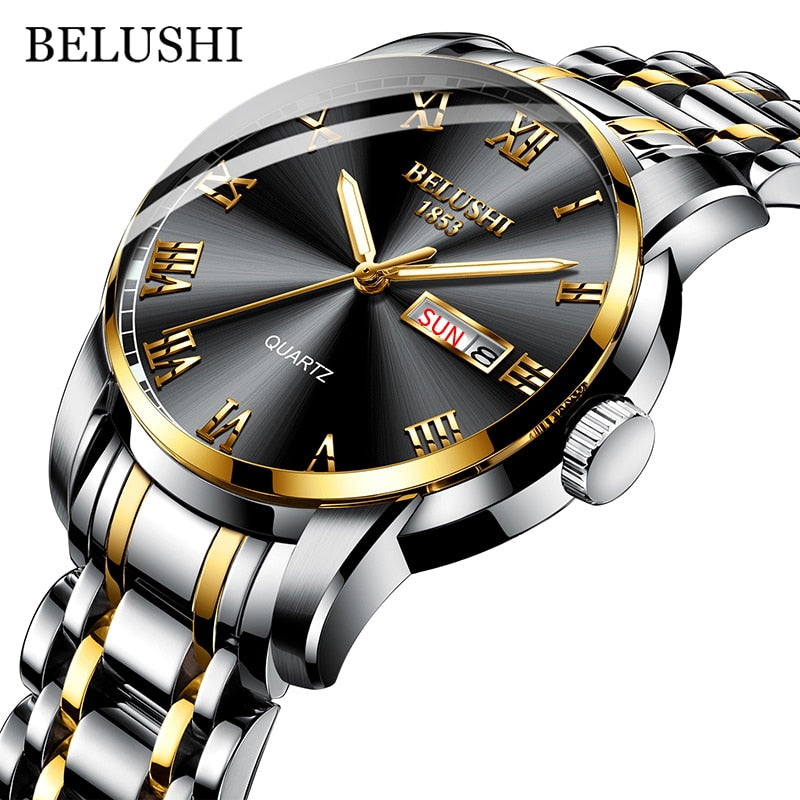 BELUSHI Top Brand Watch Men Stainless Steel Business Date Clock Waterproof Luminous Watches Mens Luxury Sport Quartz Wrist Watch