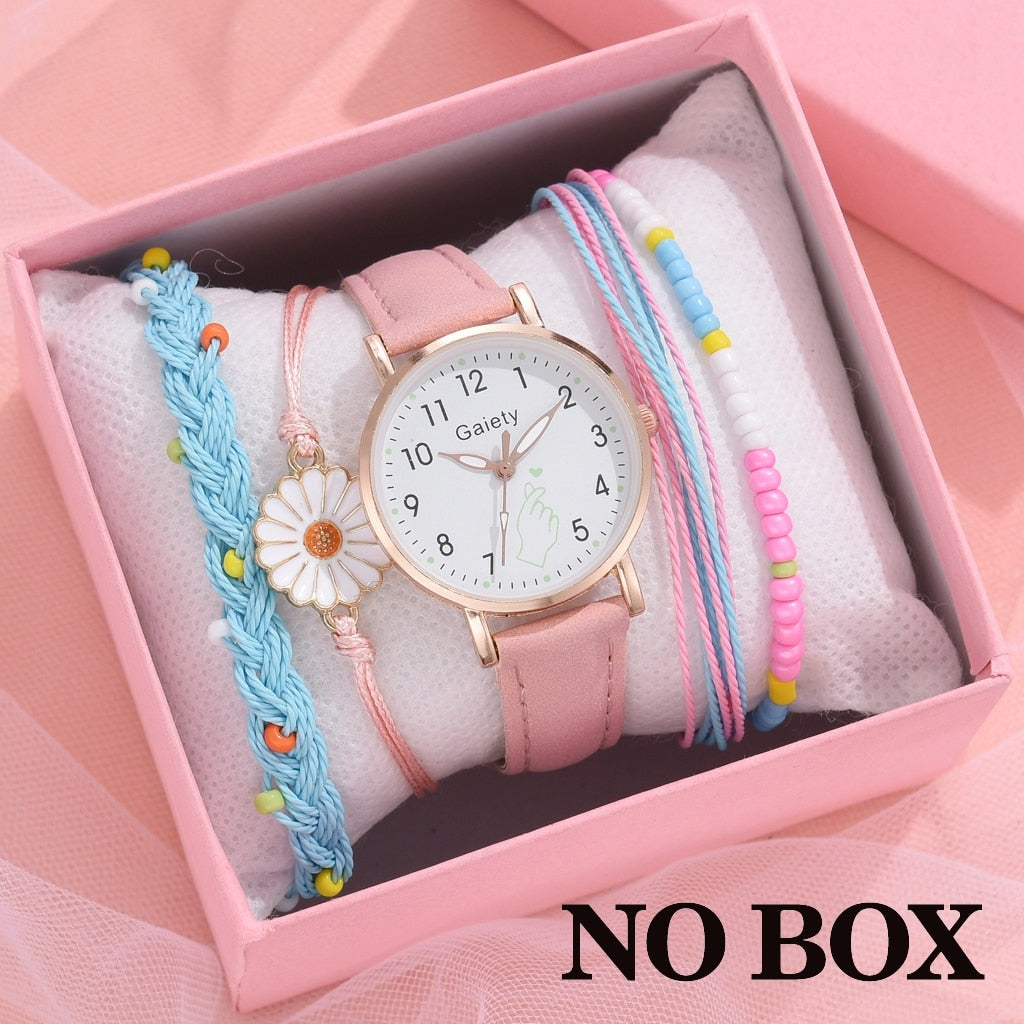 Gaiety Brand 5pcs Set Women Watch Bracelet Set Pink Girls Watch Fashion Leather Lovely Ladies Quartz Clock Reloj Mujer No Box