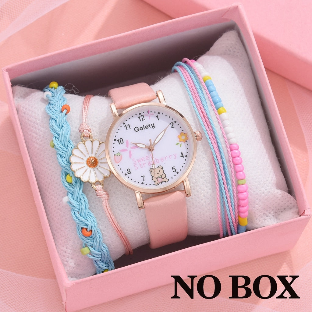 Gaiety Brand 5pcs Set Women Watch Bracelet Set Pink Girls Watch Fashion Leather Lovely Ladies Quartz Clock Reloj Mujer No Box